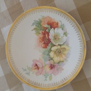 Hand painted porcelain antique plate roses 9 1/4" wide gold trim pink yellow red